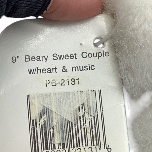 Vtg Plush Bears Couple White Valentines Hearts Roses Tie Bow 9" Clean Rare - Picture 6 of 11